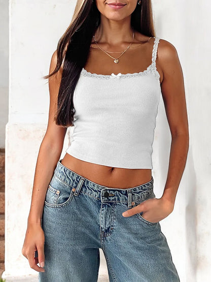 Anna-Kaci Women's Lace Trim Ribbed Knit Camisole Tank Top with Bow Detail
