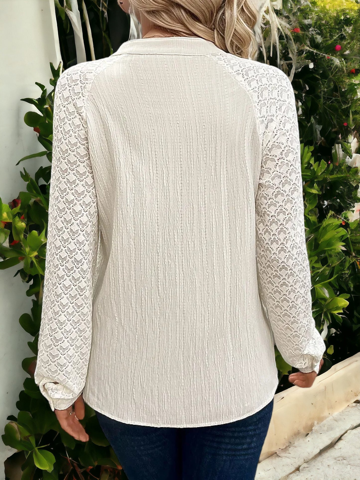 Anna-Kaci Women's Long Sleeve Lace Panel Tie-Front Button Down Top