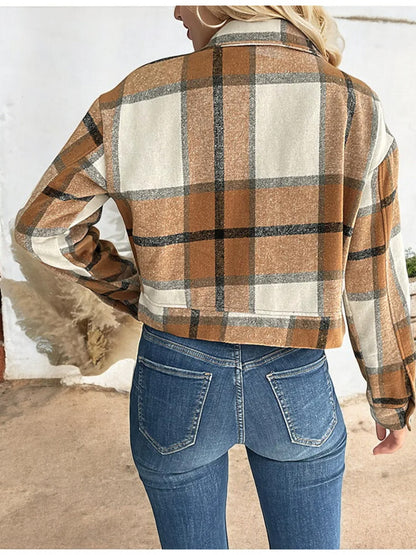 Anna-Kaci Women's Cropped Plaid Jacket with Button Front and Flap Pockets