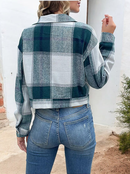 Anna-Kaci Women's Cropped Plaid Jacket with Button Front and Flap Pockets