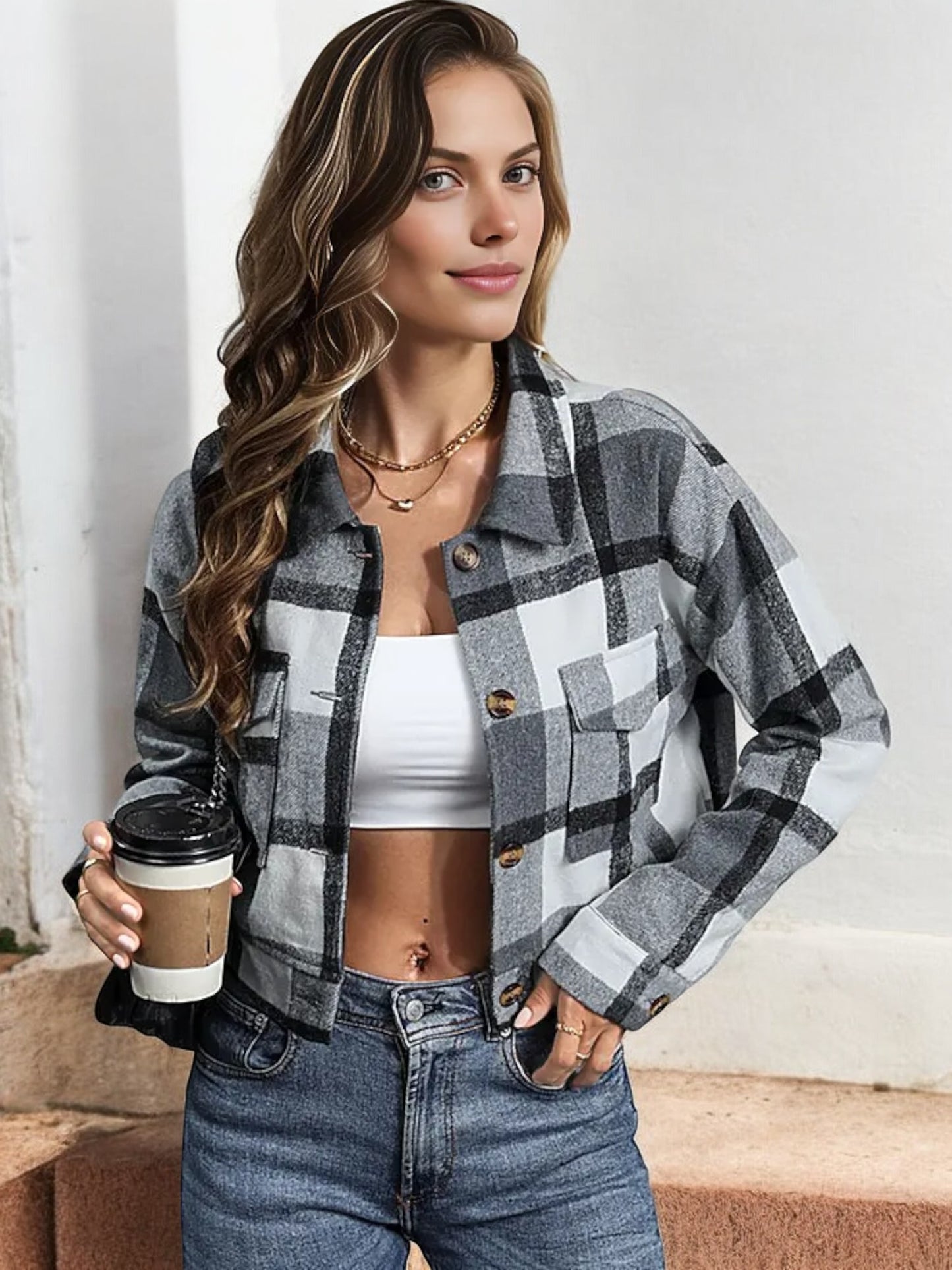 Anna-Kaci Women's Cropped Plaid Jacket with Button Front and Flap Pockets