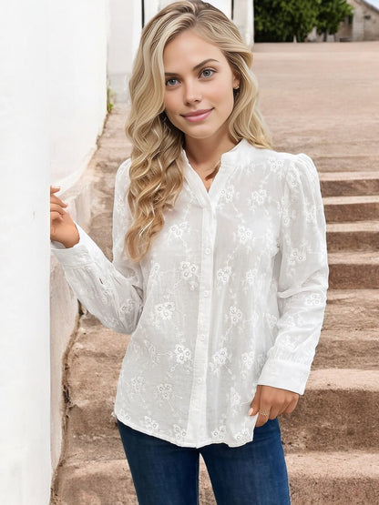 Anna-Kaci Women's Long Sleeve Embroidered Button-Down Shirt with Puff Shoulders