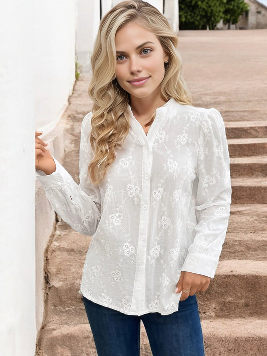 Anna-Kaci Women's Long Sleeve Embroidered Button-Down Shirt with Puff Shoulders