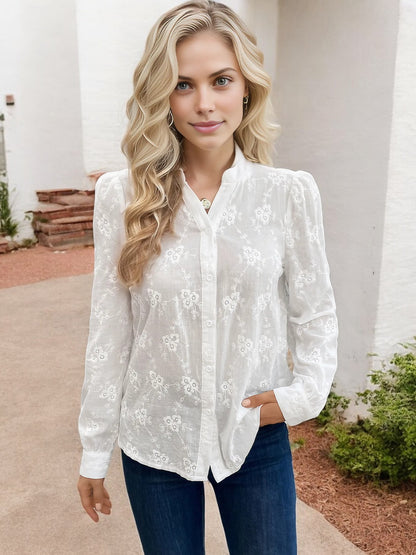 Anna-Kaci Women's Long Sleeve Embroidered Button-Down Shirt with Puff Shoulders
