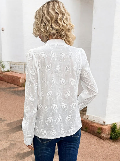 Anna-Kaci Women's Long Sleeve Embroidered Button-Down Shirt with Puff Shoulders