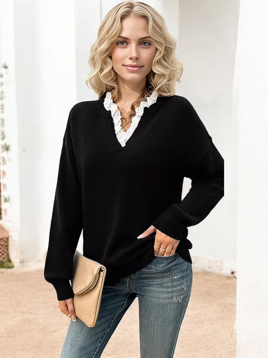 Anna-Kaci Women's Long Sleeve Knit Sweater with Lace Trim V-Neck and Relaxed Fit