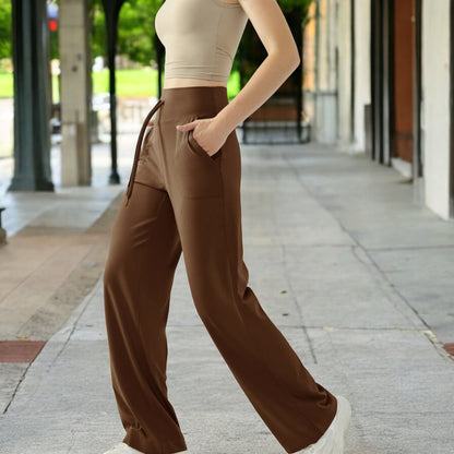 High Waisted Wide Leg Lounge Pants with Drawstring and Pockets