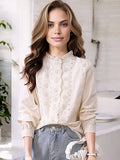 Anna-Kaci Women's Long Sleeve Eyelet Lace Blouse with Ruffled Neckline and Button Detailing