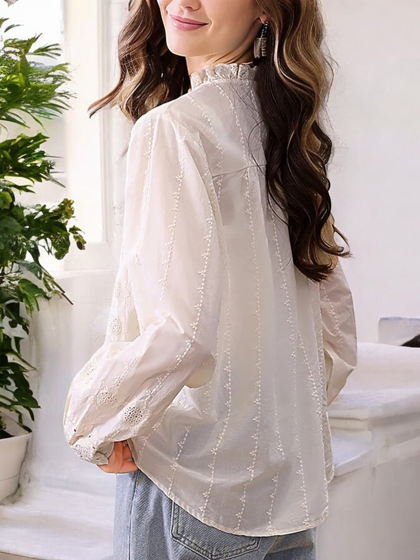 Anna-Kaci Women's Long Sleeve Eyelet Lace Blouse with Ruffled Neckline and Button Detailing