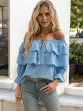 Off Shoulder Ruffle Layered Blouse with Long Sleeves and Front Tie Detail