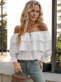 Off Shoulder Ruffle Layered Blouse with Long Sleeves and Front Tie Detail