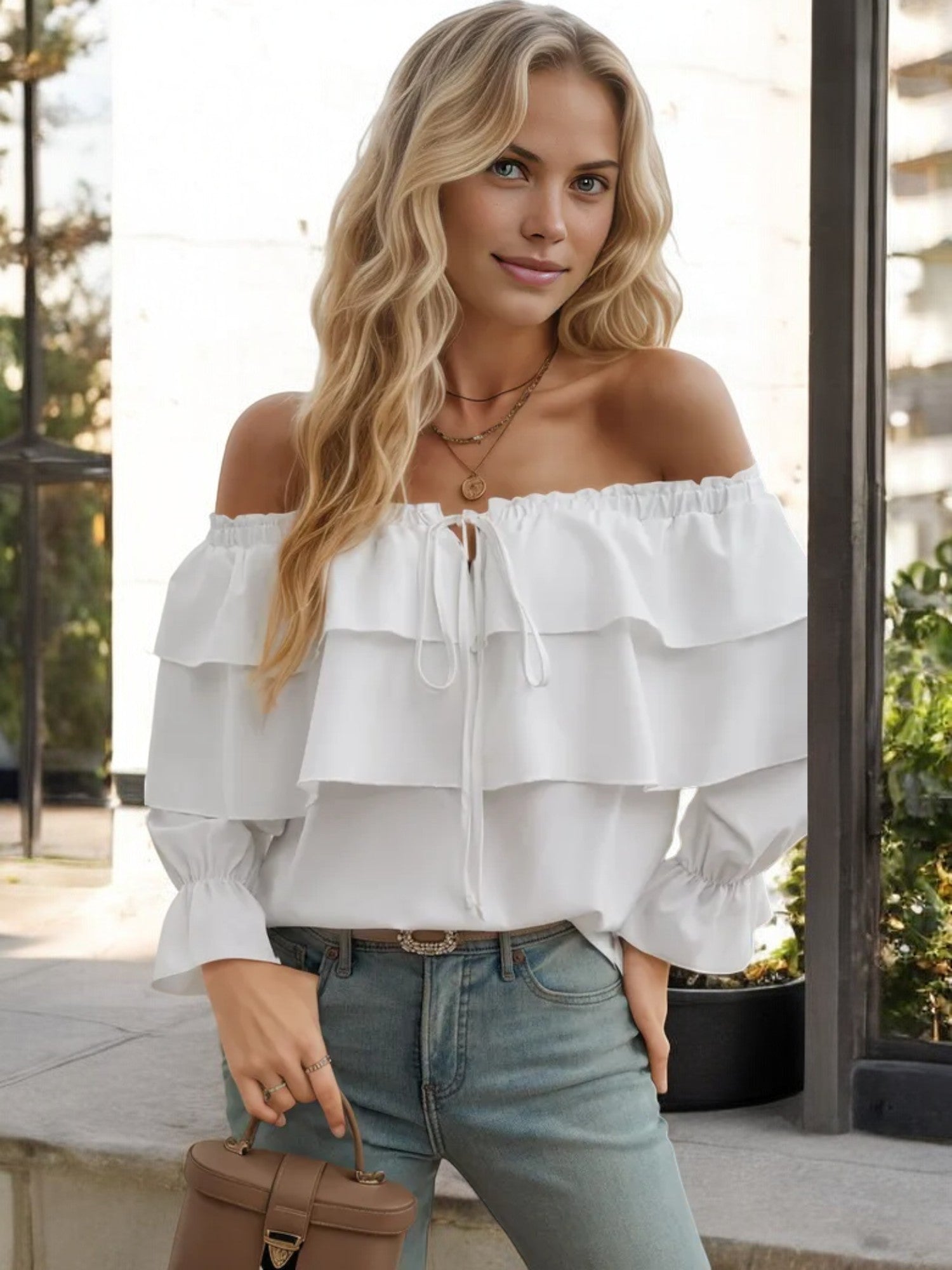 Off Shoulder Ruffle Layered Blouse with Long Sleeves and Front Tie Detail