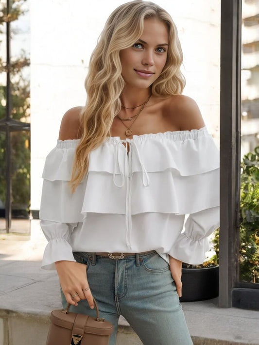 Off Shoulder Ruffle Layered Blouse with Long Sleeves and Front Tie Detail