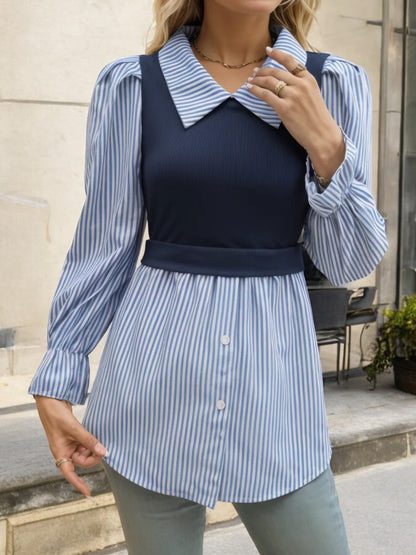 Long Sleeve Collared Blouse with Ribbed Knit Overlay Top