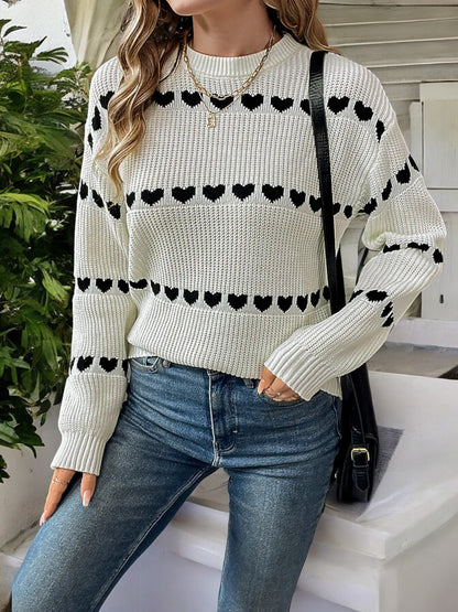 Anna-Kaci Women's Long Sleeve Knit Sweater with Heart Pattern and Ribbed Cuffs