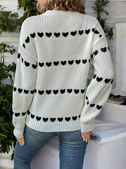 Anna-Kaci Women's Long Sleeve Knit Sweater with Heart Pattern and Ribbed Cuffs