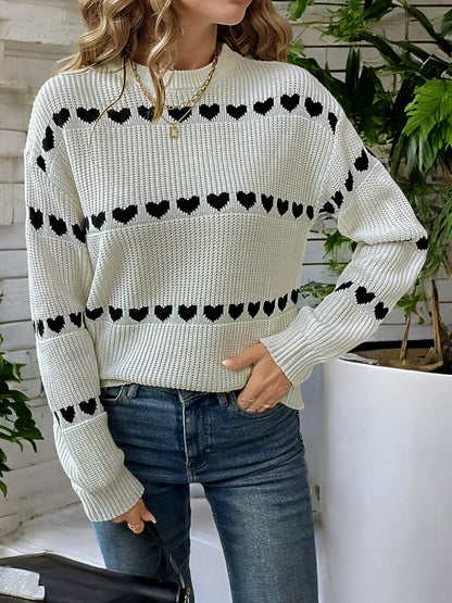 Anna-Kaci Women's Long Sleeve Knit Sweater with Heart Pattern and Ribbed Cuffs