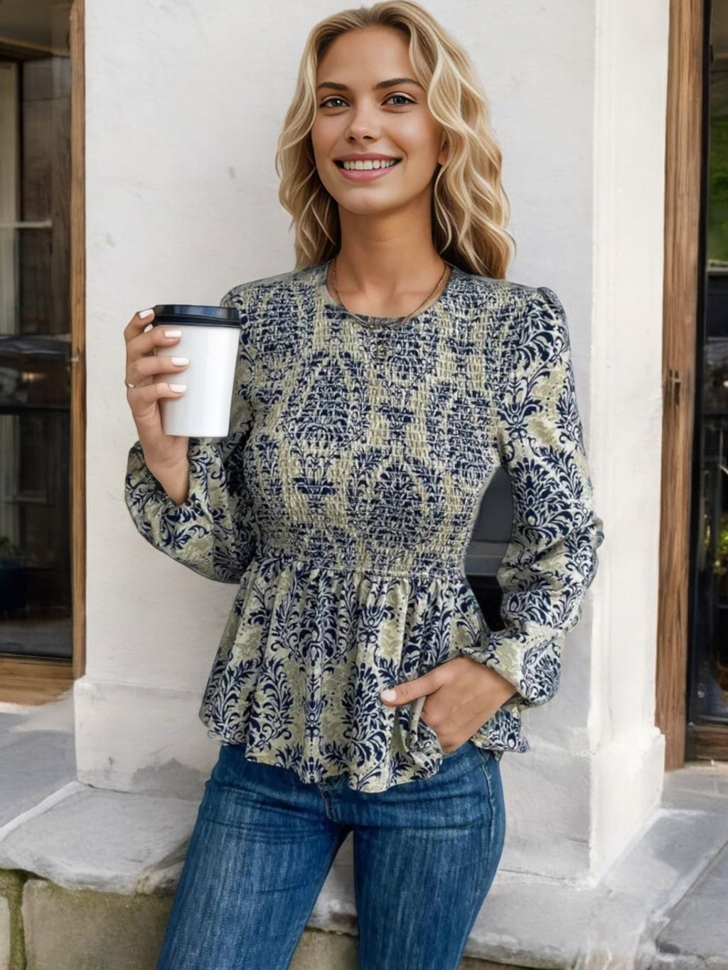 Long Sleeve Peplum Top with Ruched Waist and Floral Print