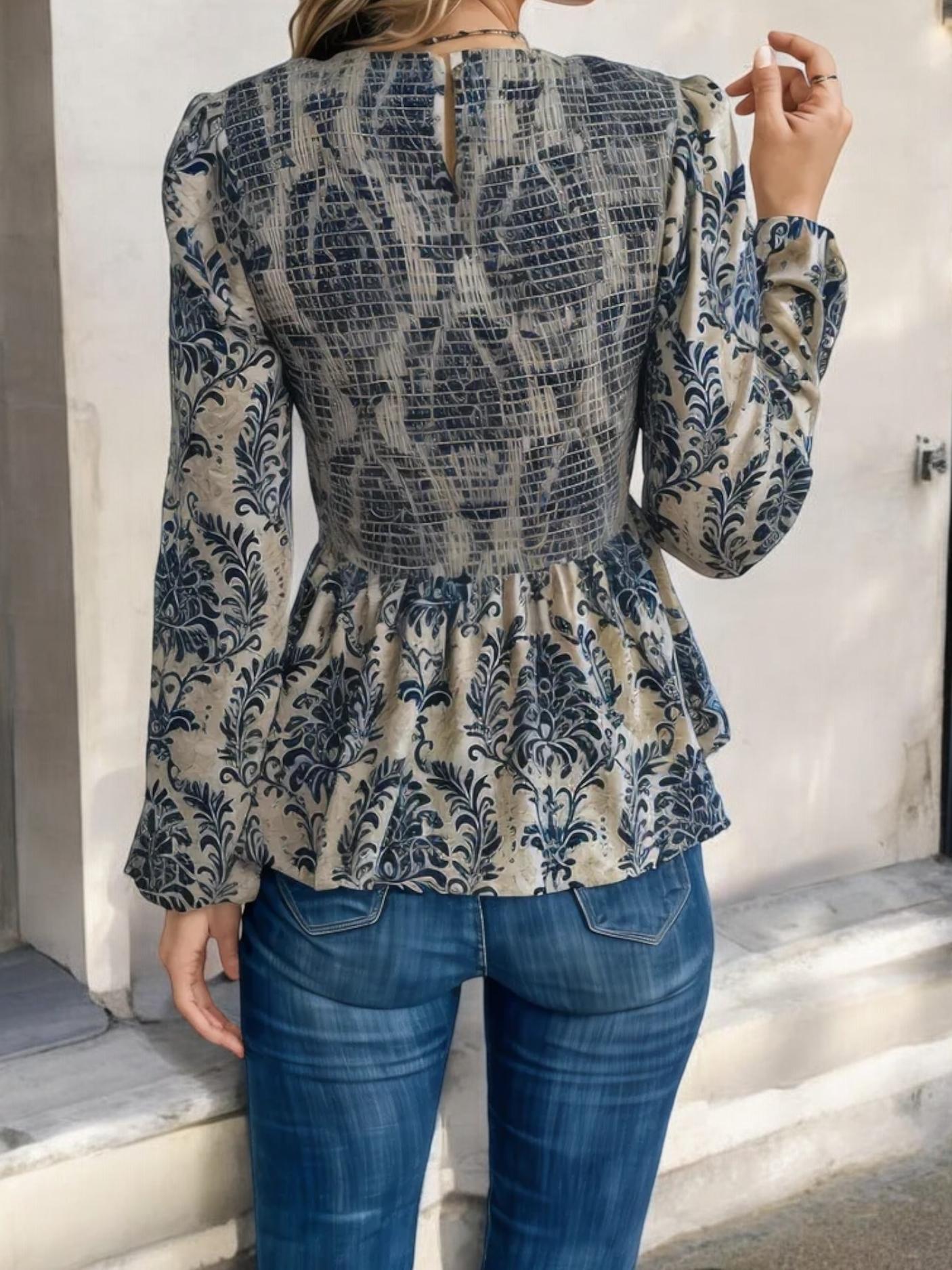Long Sleeve Peplum Top with Ruched Waist and Floral Print