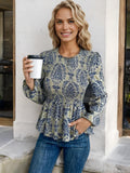 Long Sleeve Peplum Top with Ruched Waist and Floral Print