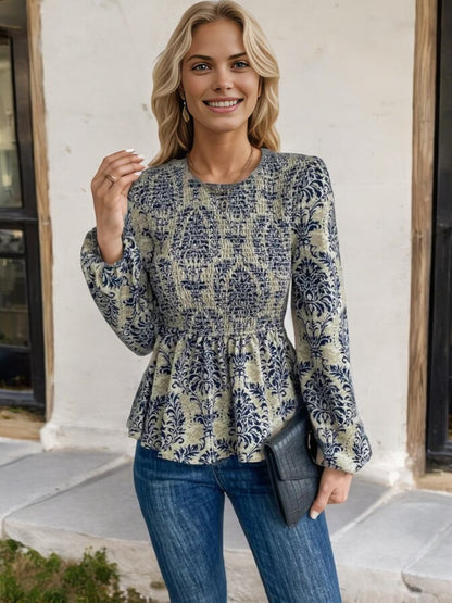 Long Sleeve Peplum Top with Ruched Waist and Floral Print