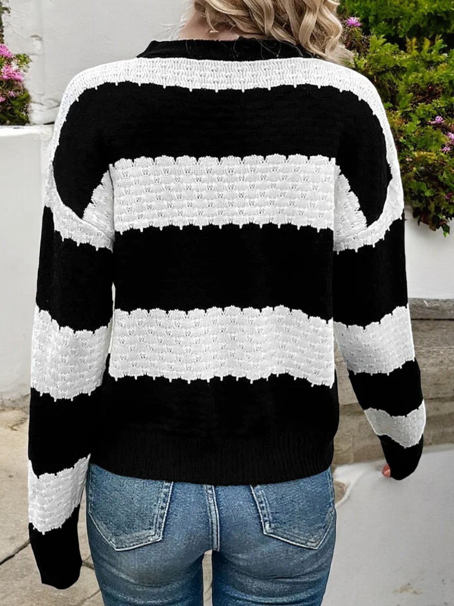 Anna-Kaci Women's Striped Chunky Knit Sweater with Ribbed Hem and Cuffs