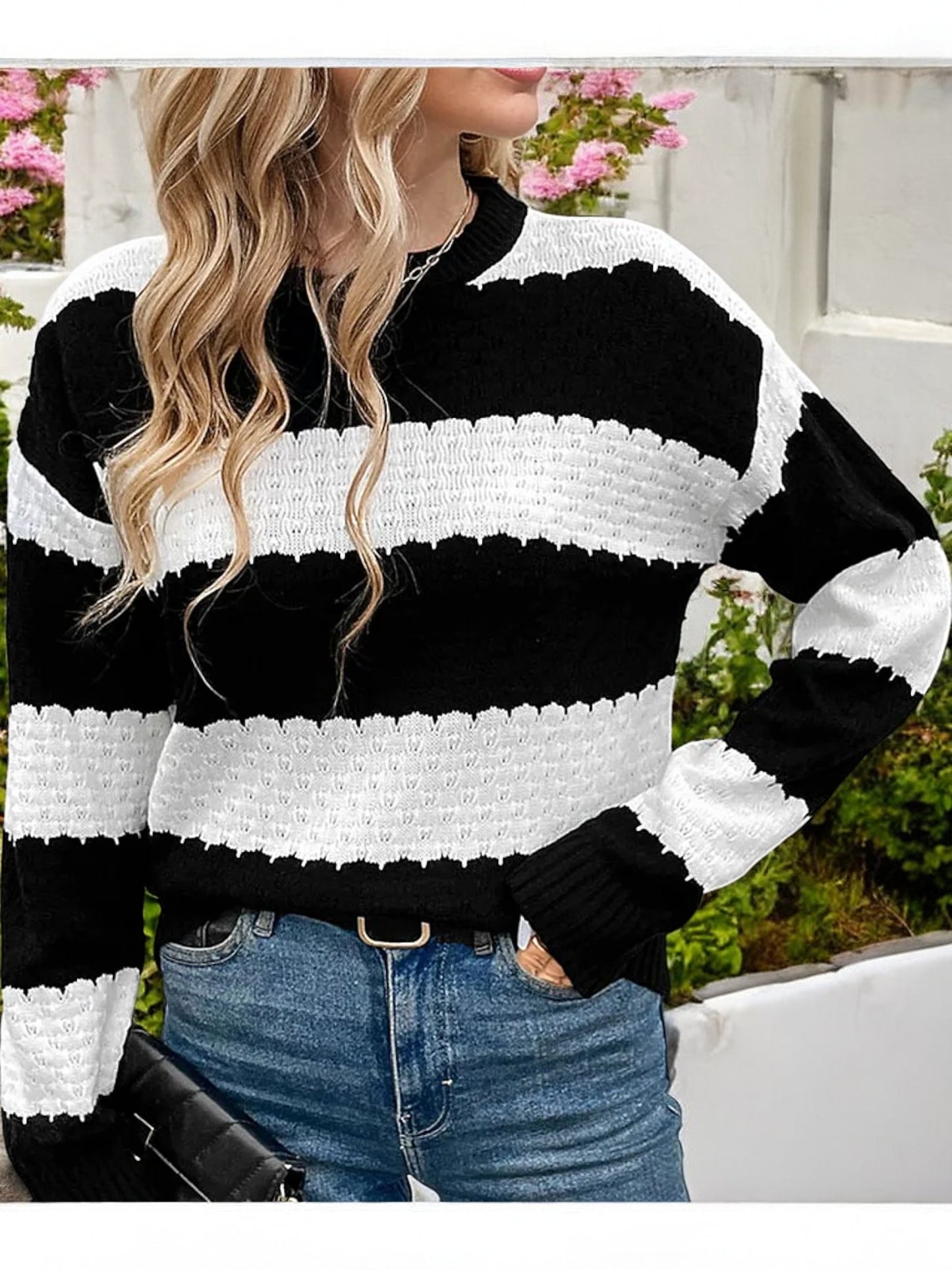 Anna-Kaci Women's Striped Chunky Knit Sweater with Ribbed Hem and Cuffs