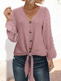 Long Sleeve V-Neck Blouse with Textured Sleeves and Front Tie