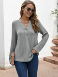 Long Sleeve V-Neck Knit Top with Button Detail
