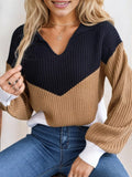 Color Block V-Neck Sweater with Long Sleeves