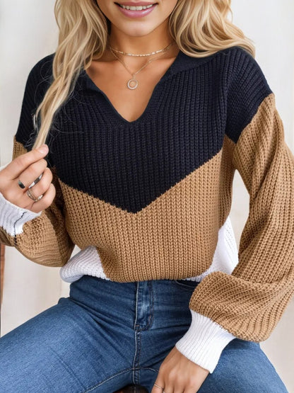 Color Block V-Neck Sweater with Long Sleeves