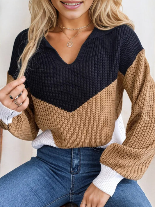 Color Block V-Neck Sweater with Long Sleeves