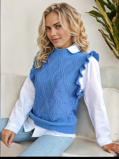 Sleeveless Knit Sweater Vest with Ruffle Trim