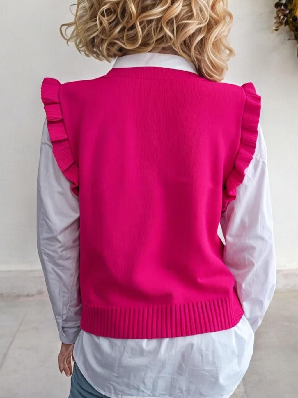 Sleeveless Knit Sweater Vest with Ruffle Trim