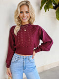 Long Sleeve Mock Neck Cropped Sweater with Eyelet Design