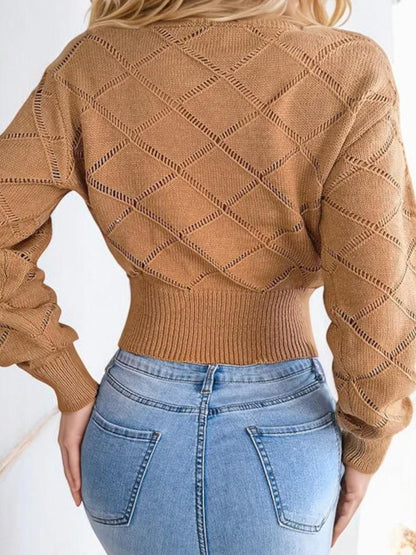 Cropped Diamond Pattern Sweater with Long Sleeves and Ribbed Hem