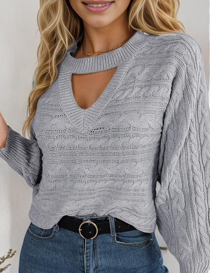Long Sleeve Knit Sweater with Keyhole Cutout and Puff Sleeves