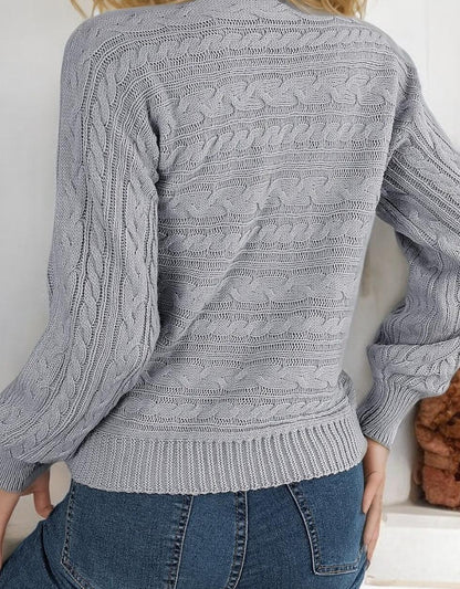 Long Sleeve Knit Sweater with Keyhole Cutout and Puff Sleeves