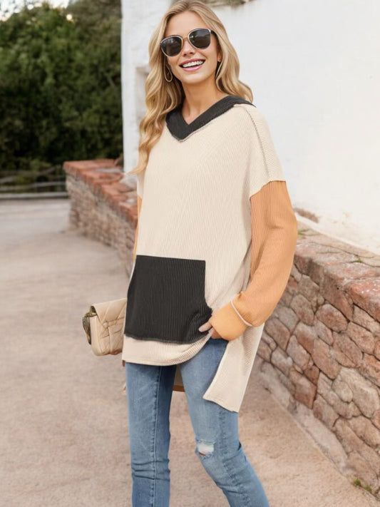 Color Block V-Neck Sweater with Long Sleeves and Front Pocket
