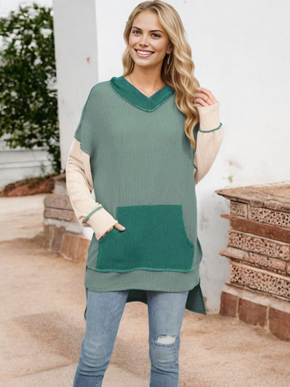 Color Block V-Neck Sweater with Long Sleeves and Front Pocket