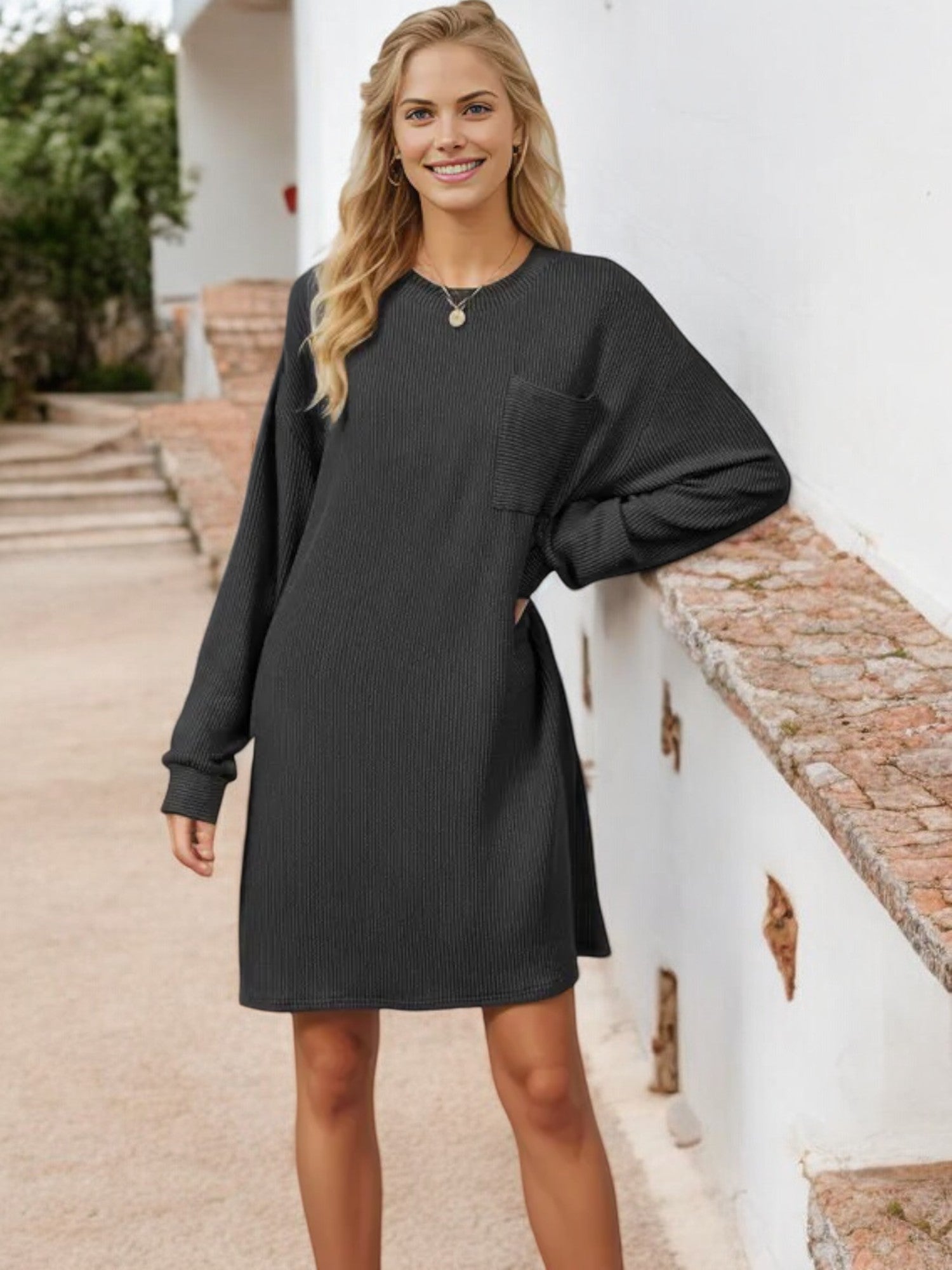 Long Sleeve Ribbed Knit Dress with Front Pocket Detail Long Sleeve Ribbed Knit Dress with Front Pocket Detail