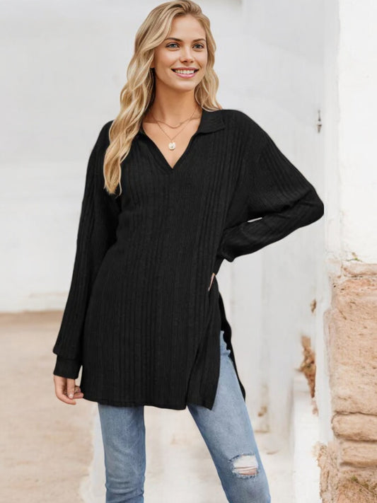 Long Sleeve Collared Ribbed Knit Sweater with Side Slits