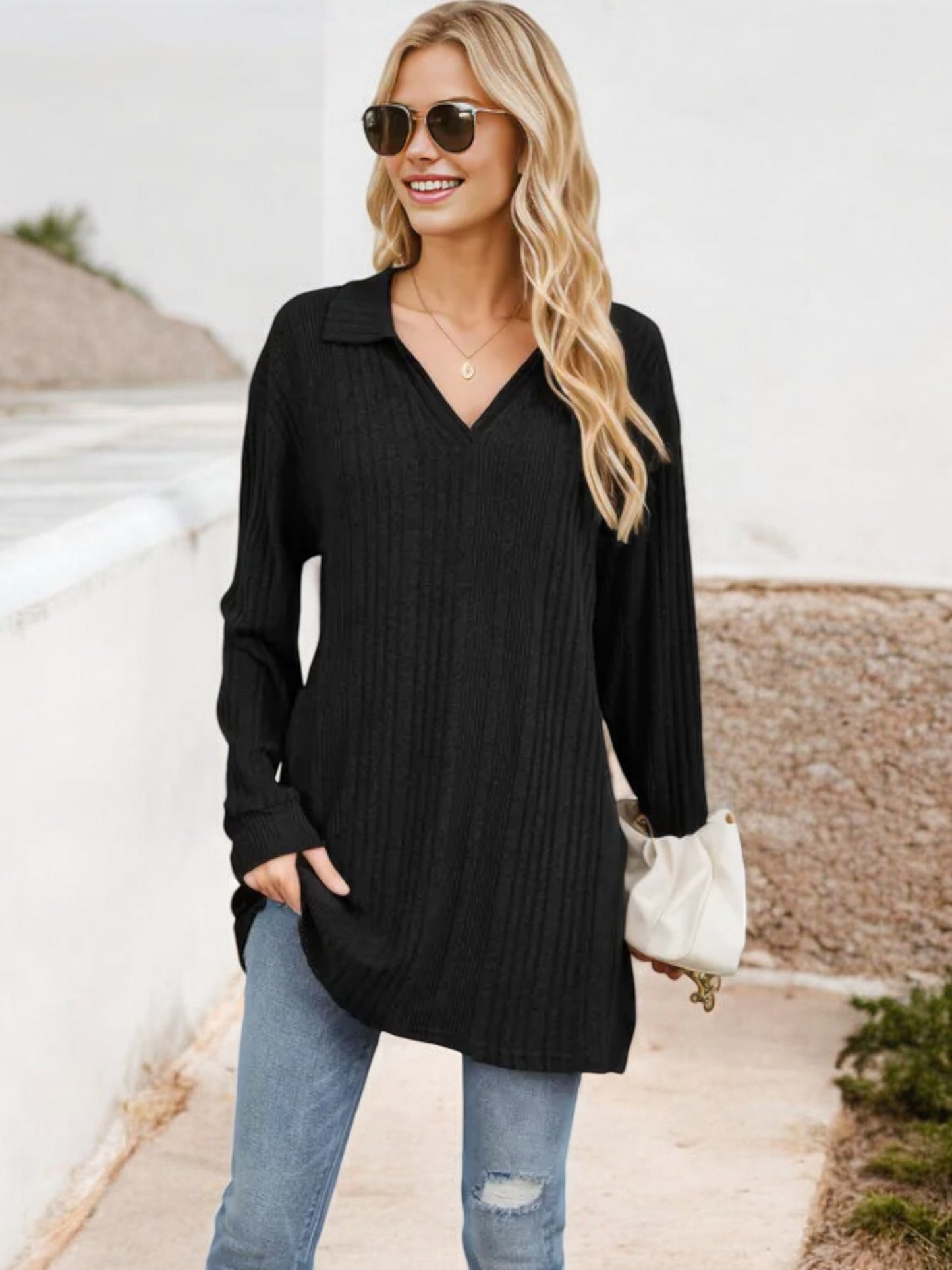 Long Sleeve Collared Ribbed Knit Sweater with Side Slits