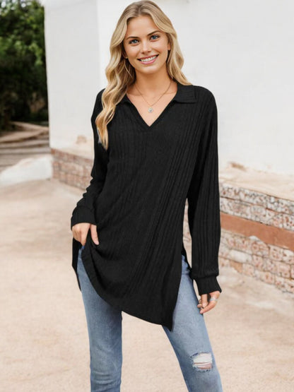Long Sleeve Collared Ribbed Knit Sweater with Side Slits