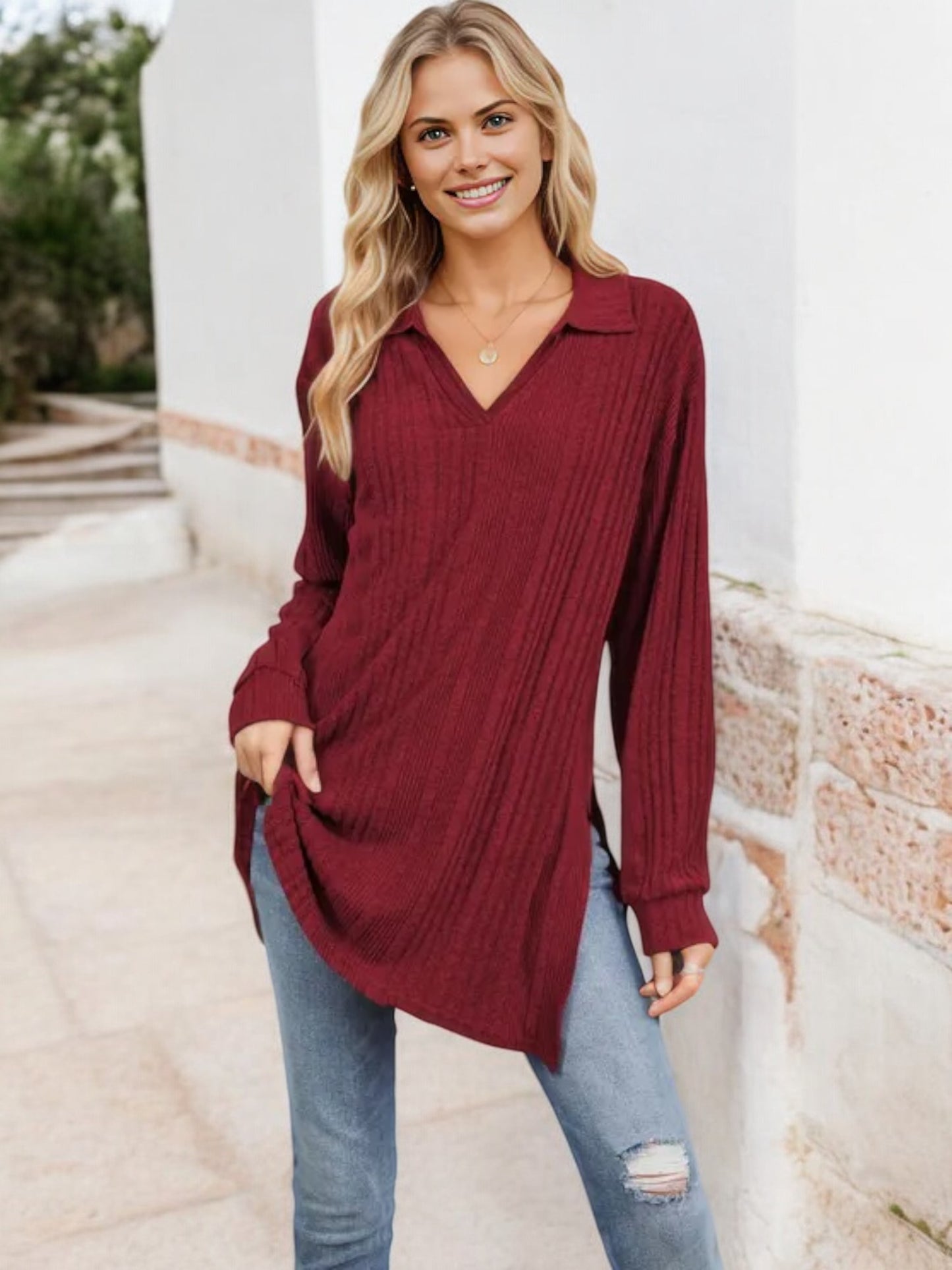 Long Sleeve Collared Ribbed Knit Sweater with Side Slits