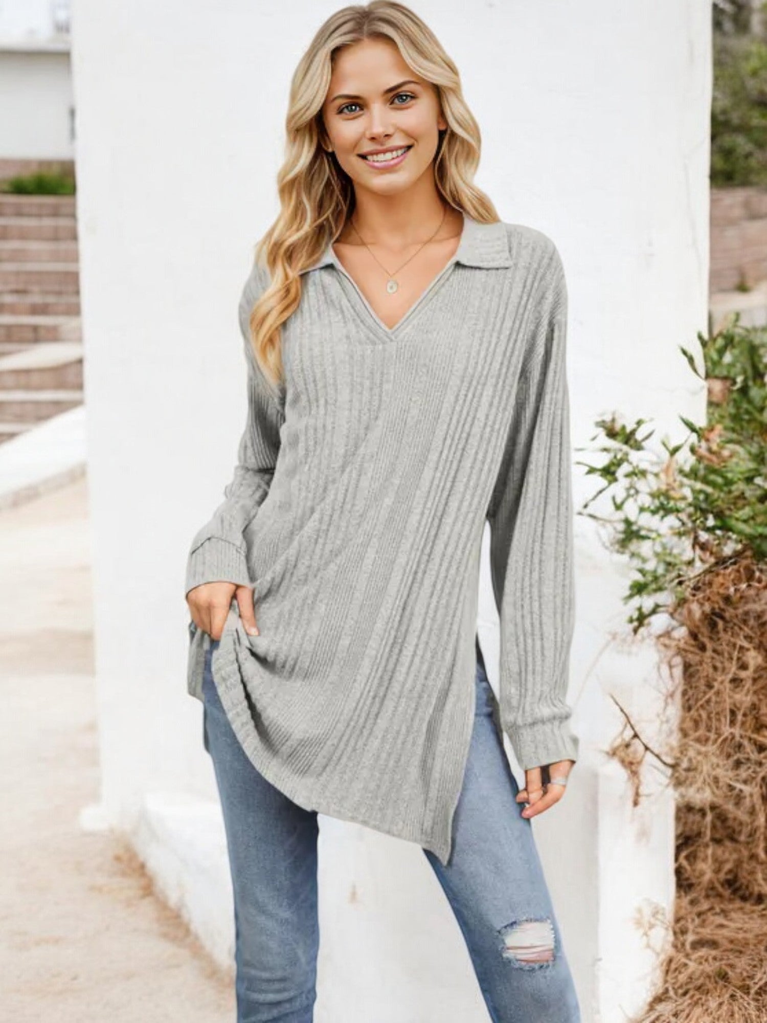 Long Sleeve Collared Ribbed Knit Sweater with Side Slits