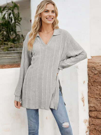 Long Sleeve Collared Ribbed Knit Sweater with Side Slits