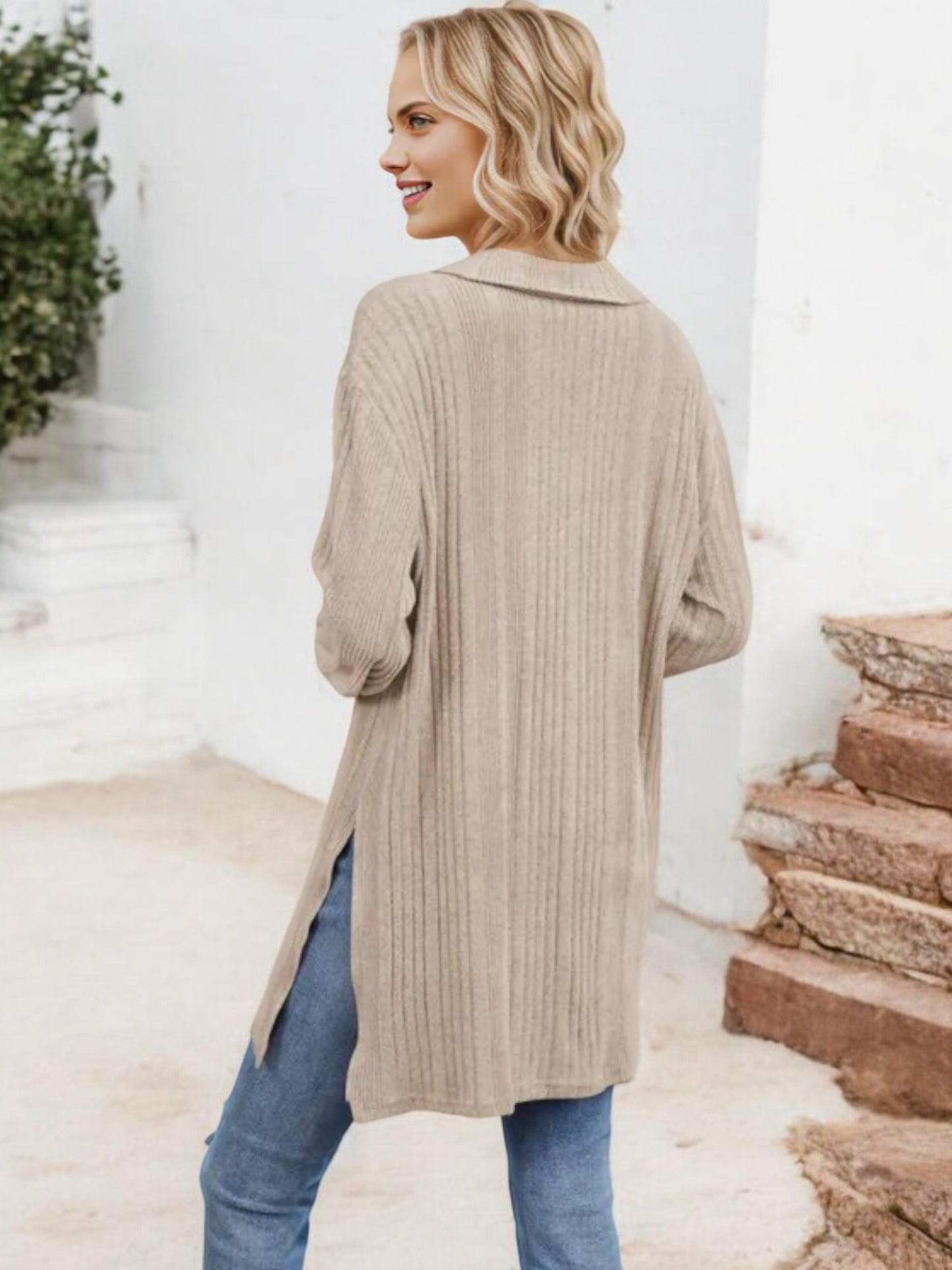 Long Sleeve Collared Ribbed Knit Sweater with Side Slits