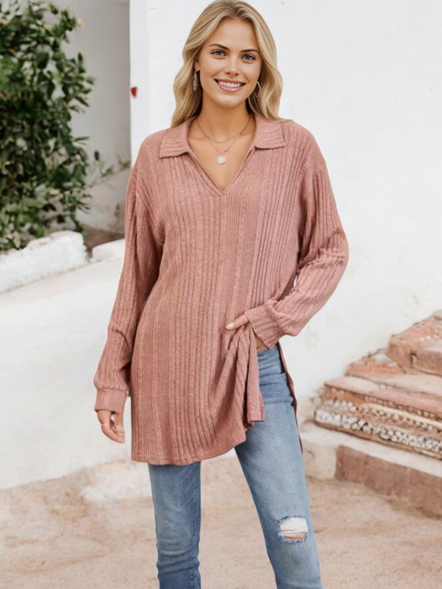 Long Sleeve Collared Ribbed Knit Sweater with Side Slits