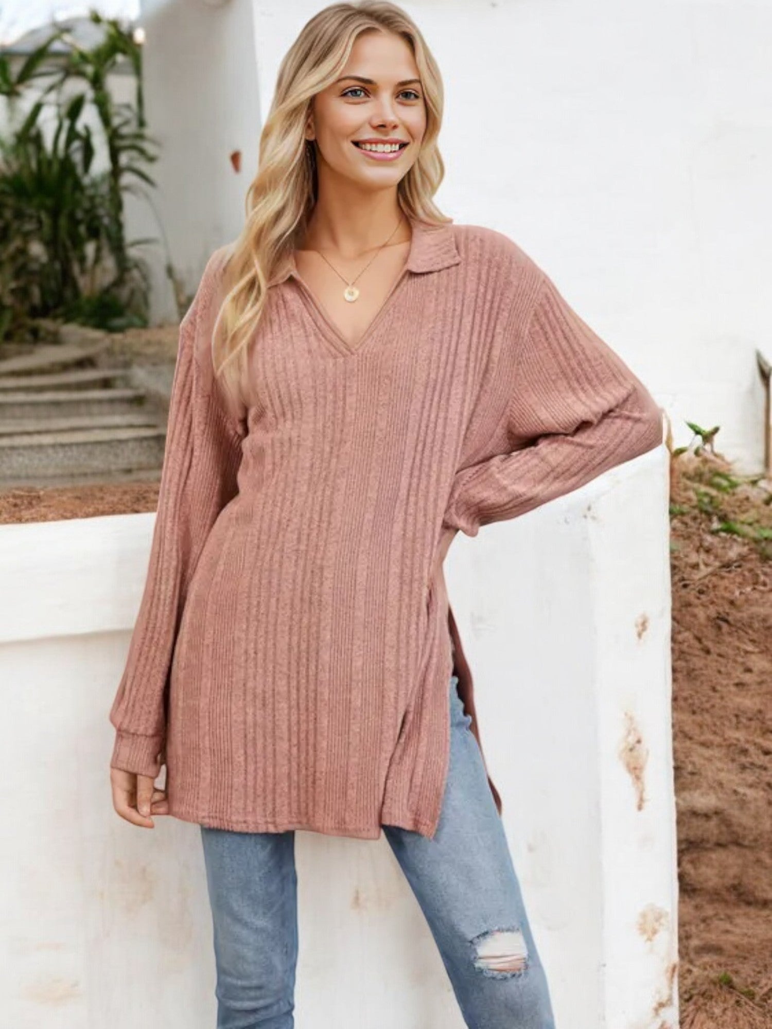 Long Sleeve Collared Ribbed Knit Sweater with Side Slits